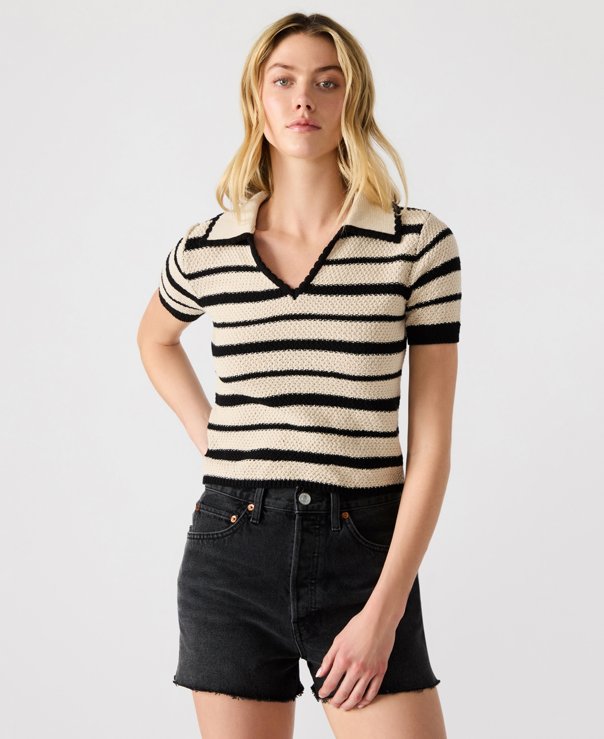 Women's Striped Short-Sleeve Sweater - Black Multi