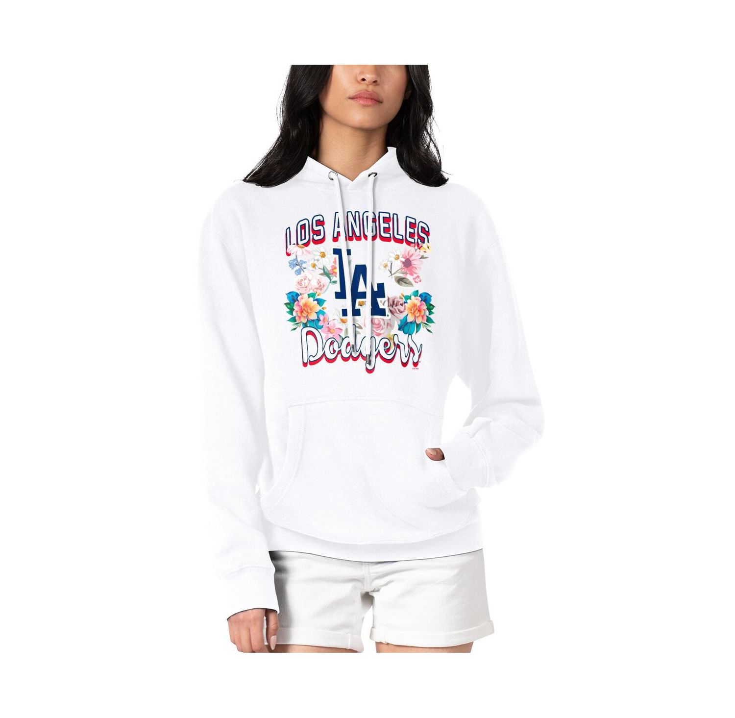 Women's White Los Angeles Dodgers Flowers Graphic Pullover Hoodie