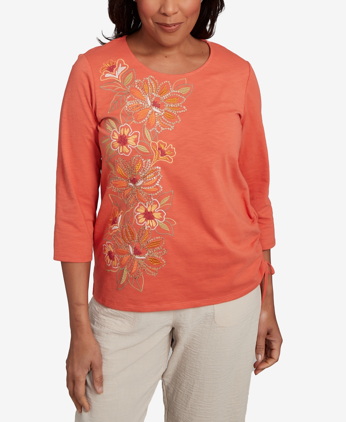 Women's Copper Canyon Asymmetric Floral Embroidered Tie Ruching Top - Papaya