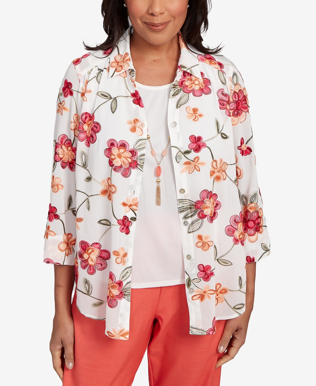 Alfred Dunner Women's Catalina Island Bright Floral Two In One Top With Necklace