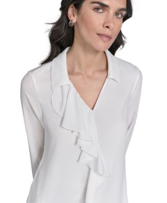 Petite Ruffle-Trim Collared Blouse