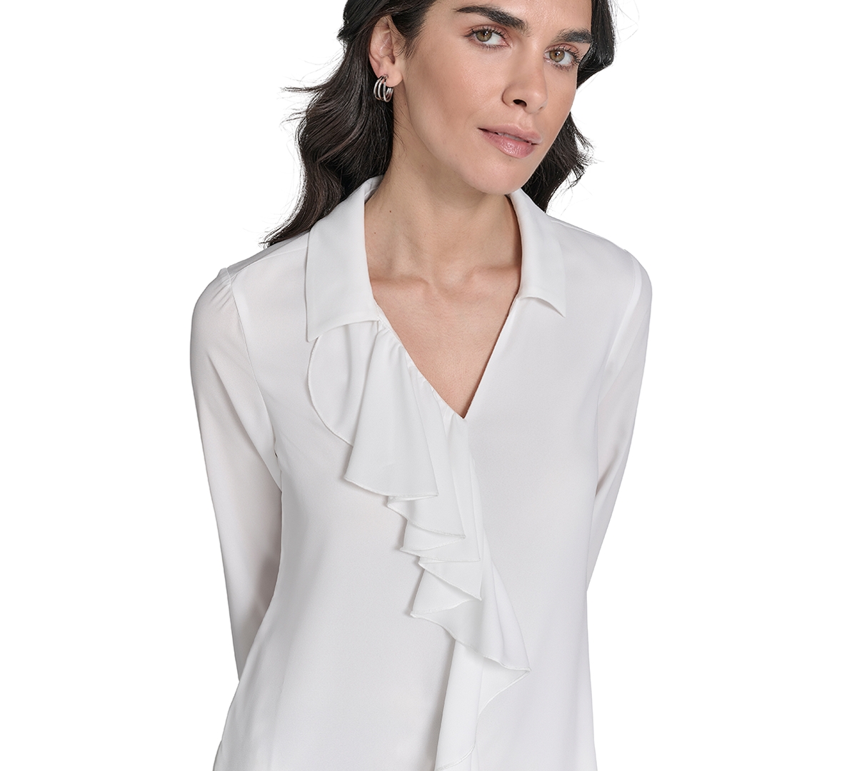 Calvin Klein Petite Ruffle-trim Collared Blouse In White