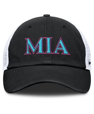 Мужская и женская черно-белая кепка Nike Miami Marlins 2025 City Connect Trucker с регулируемой посадкой