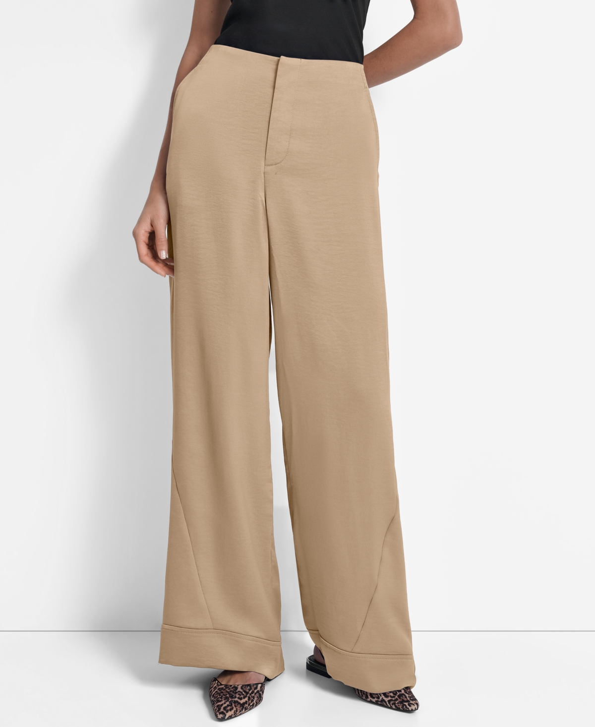 Dkny Women's Glazed High Rise Seamed-cuff Wide-leg Pants In Brown