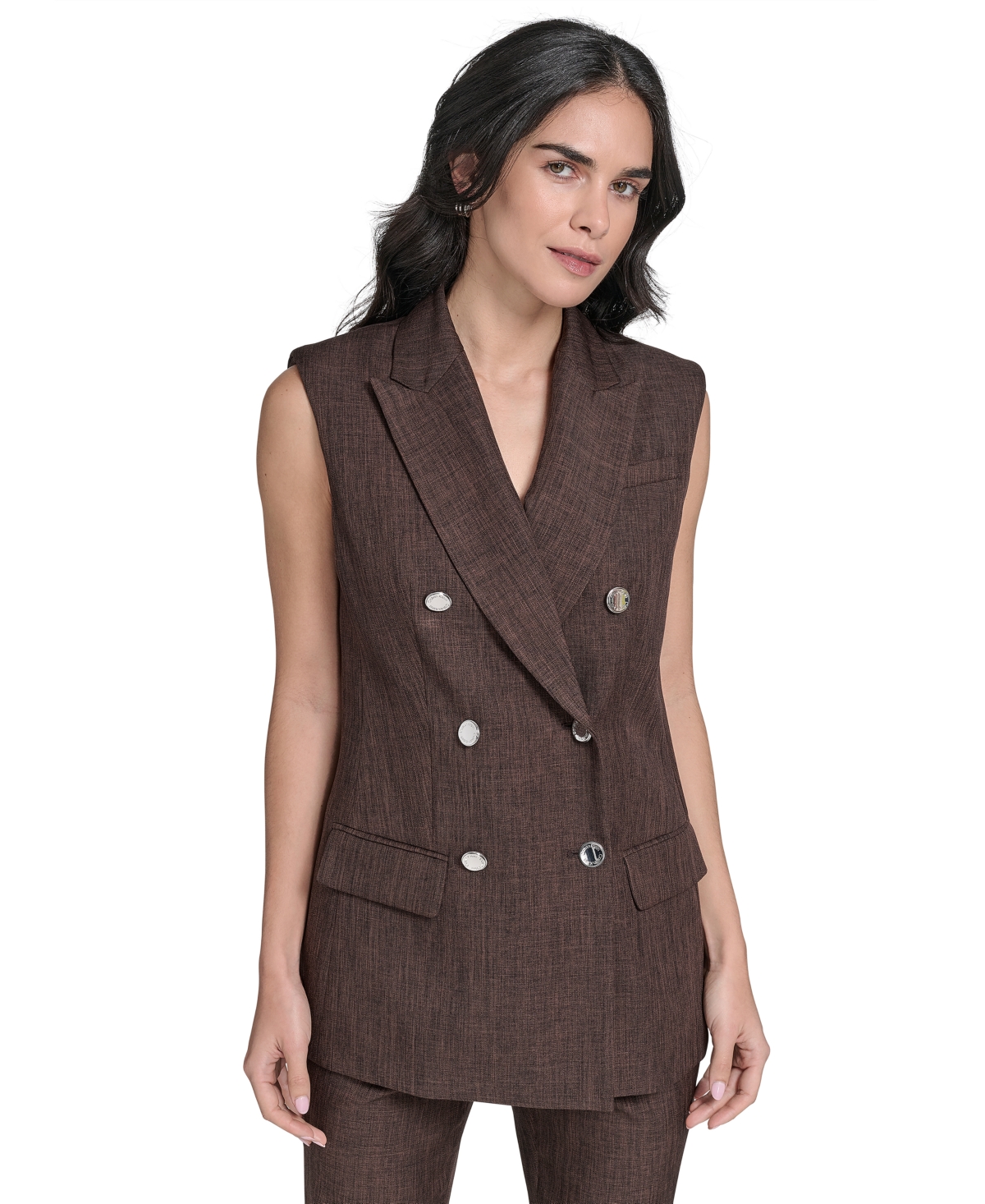 Petite Double Breasted Sleeveless Blazer - Toasted Sumac/Black