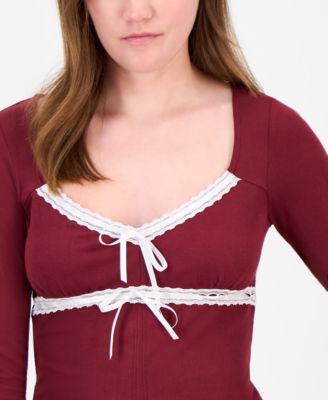 Juniors' Lace-Trim Sweetheart-Neck Knit Top