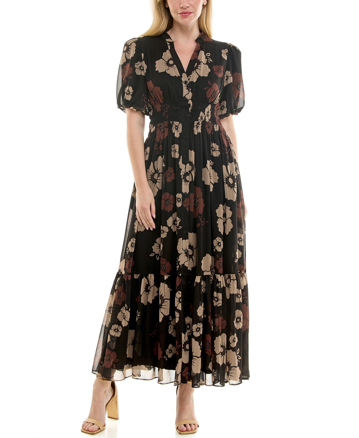 Women's Printed Puff Sleeve Fit & Flare Dress - Black Saddle