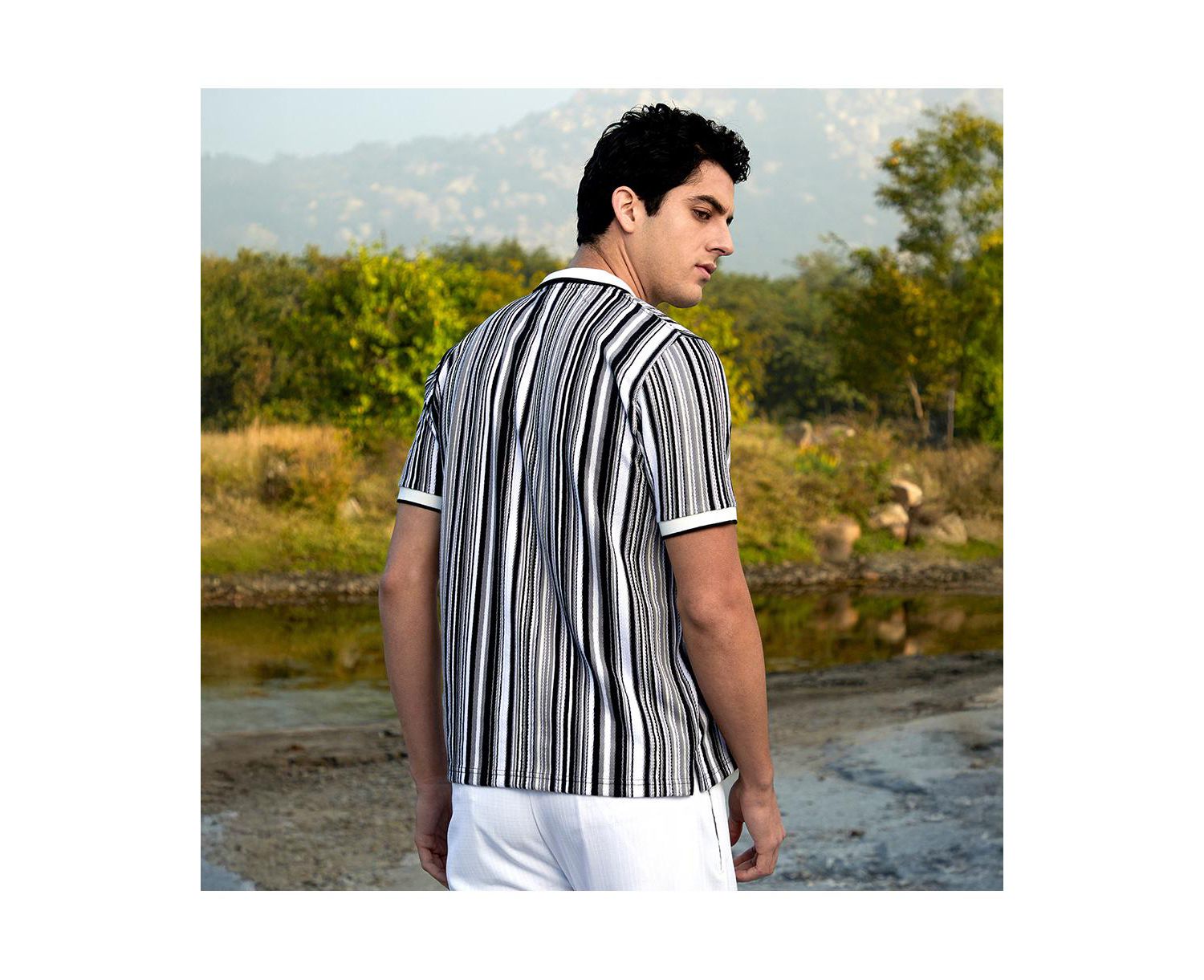 Men's Cream White and Midnight Black Multitrack Knit Polo T-Shirt