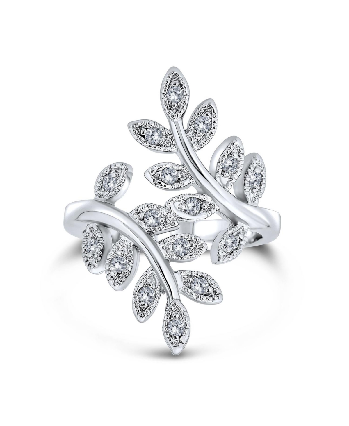 Nature Ivy Vine Leaf Cocktail Statement Ring with Cubic Zirconia Pave Cz Silver Plated - Silver