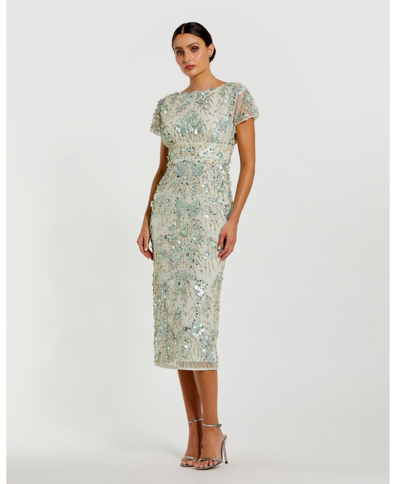 Women's Embellished Mesh Fitted Short Sleeve Midi Dress