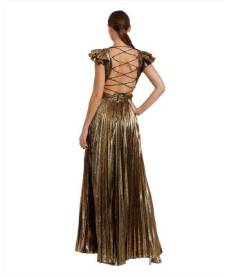 Women's Ruffle Sleeve Cutout Pleated Metallic Gown