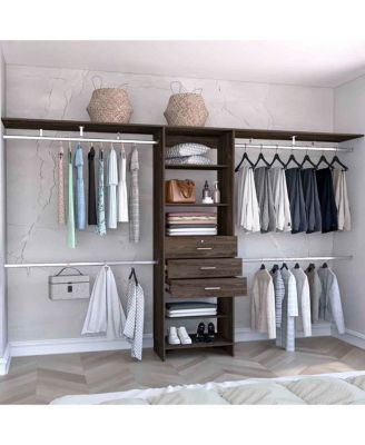 Zamora Adjustable Closet System 69 to 118 Inch with Four Hanging Rods Three Drawers and Five Shelves