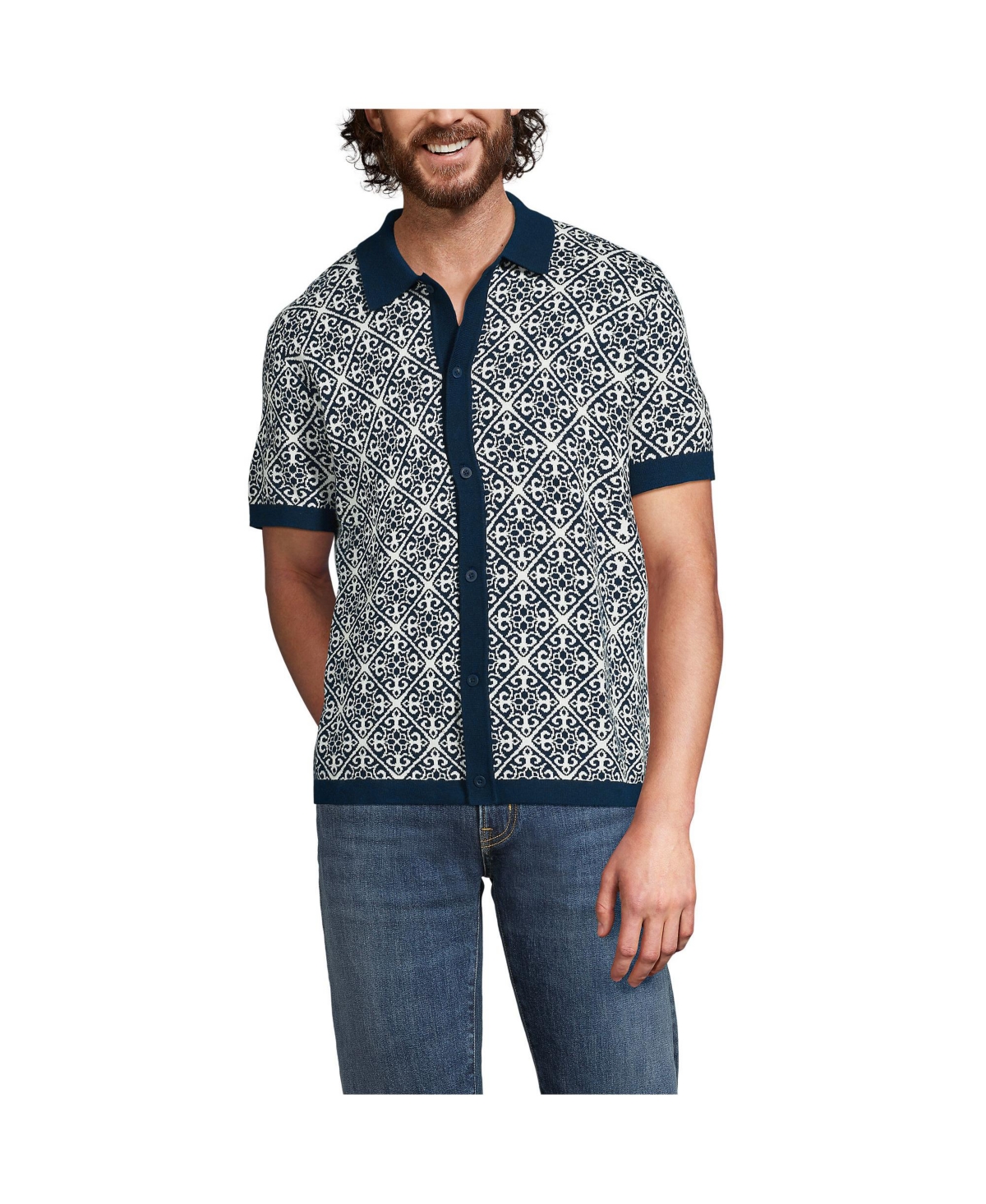 Men's Short Sleeve Tile Jacquard Button Down Sweater Polo - Radiant navy/vanilla tile