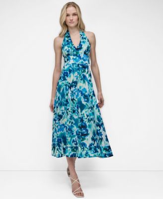 DKNY - Women's Cotton Halter V-Neck Tie-Back Midi Dress