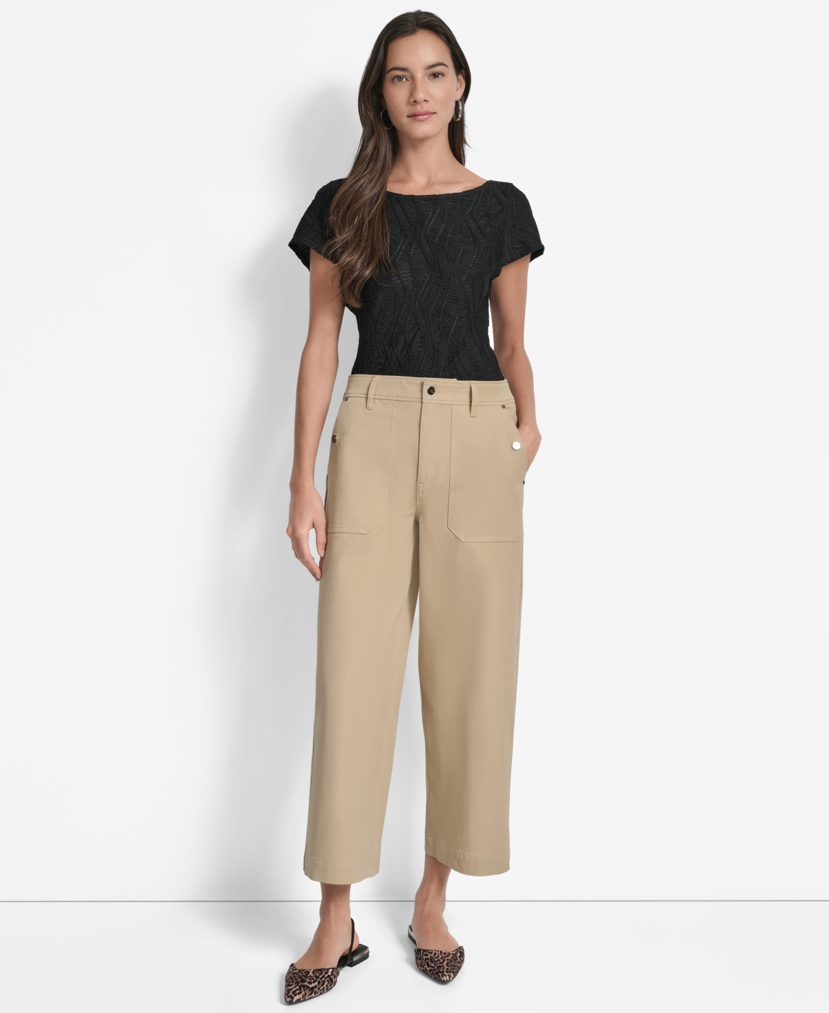 Dkny Button Pocket Crop Wide Leg Pants In Brown