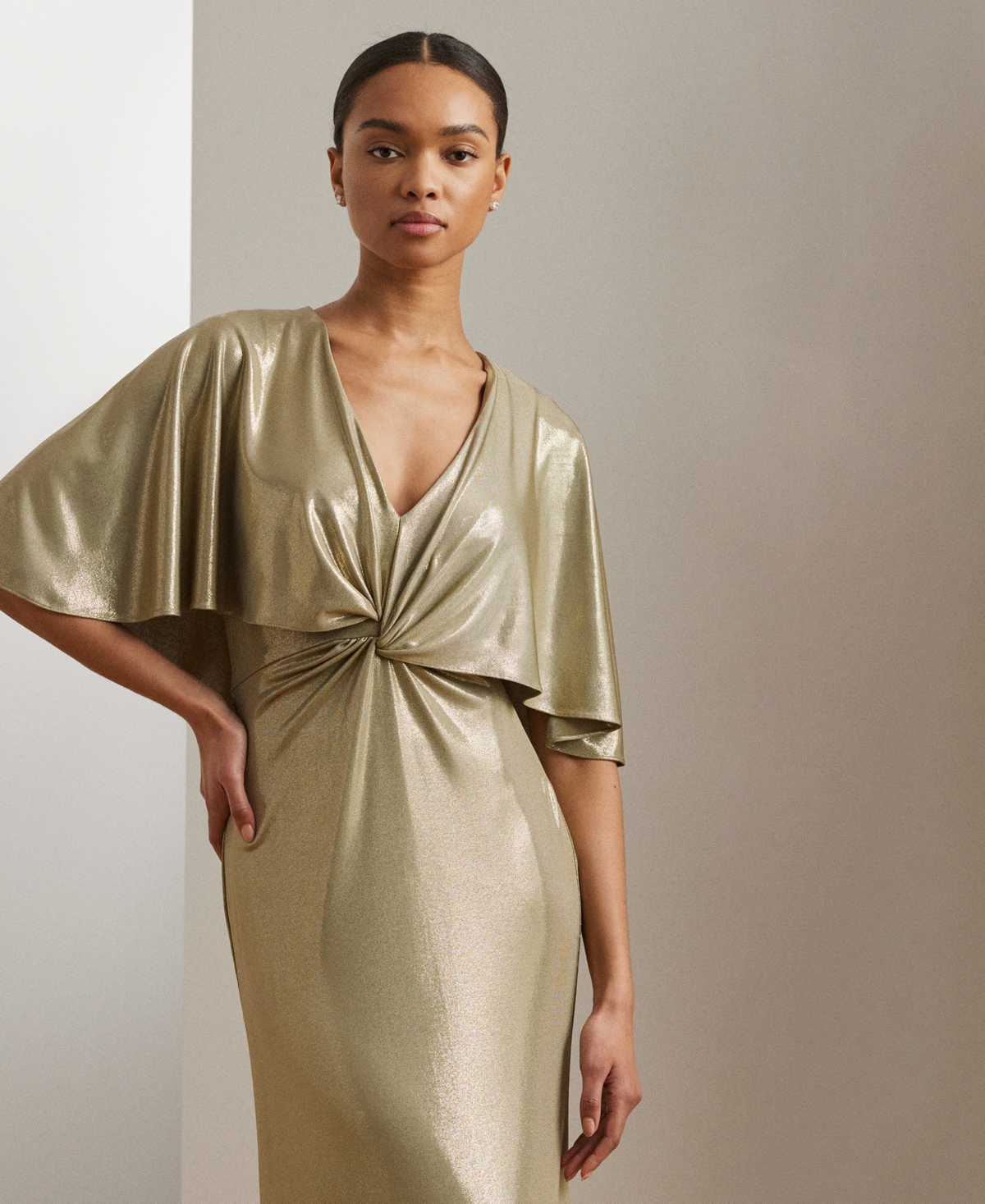 Ralph Lauren Women's Twist-front Cape-overlay Gown In Gold