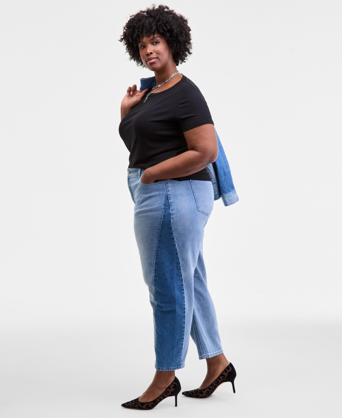 On 34th Trendy Plus Two-tone Cropped Barrel Jeans, Macy's Exclusive In Blue
