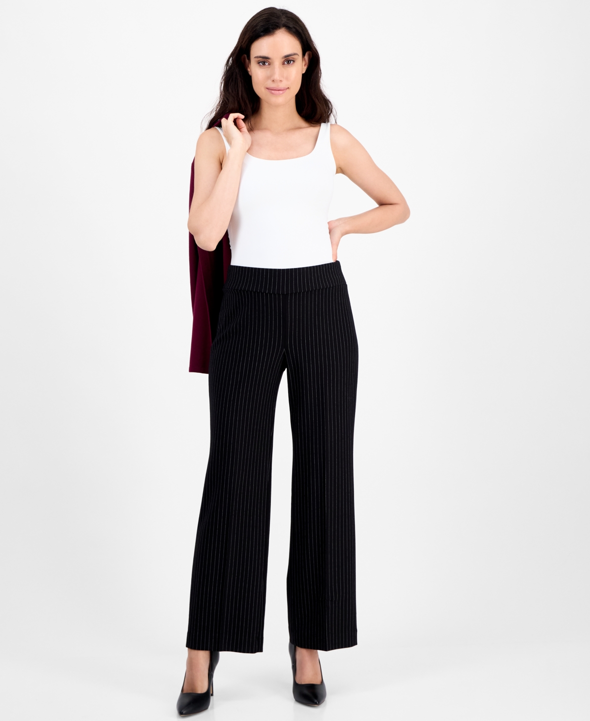 Petite Ponte Pinstripe Mid-Rise Pull-On Pants - Anne Black/White Dove