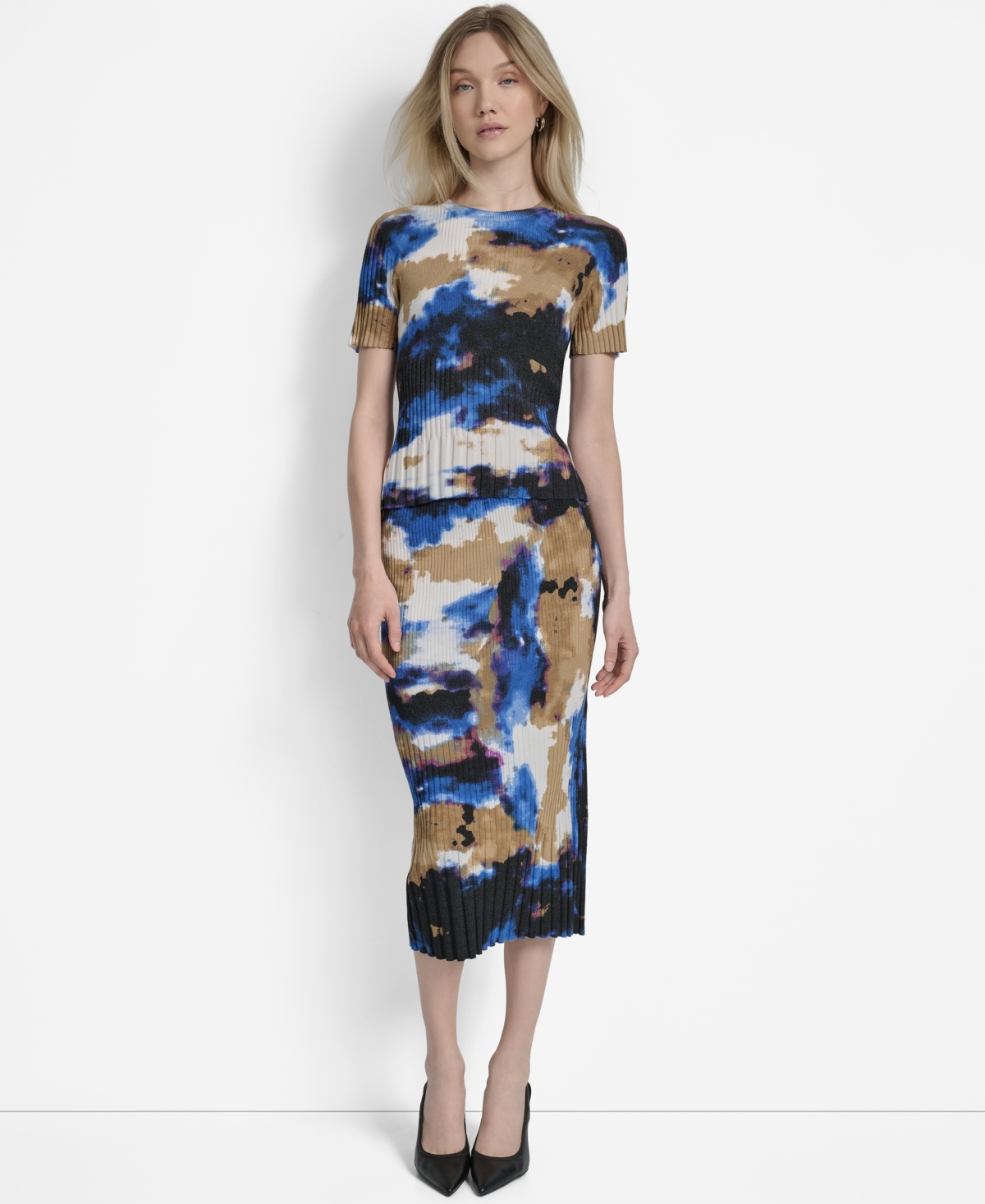 Dkny Womens Printed Mix Rib Short Sleeve Sweater Printed Rib Knit Midi Skirt In Multi