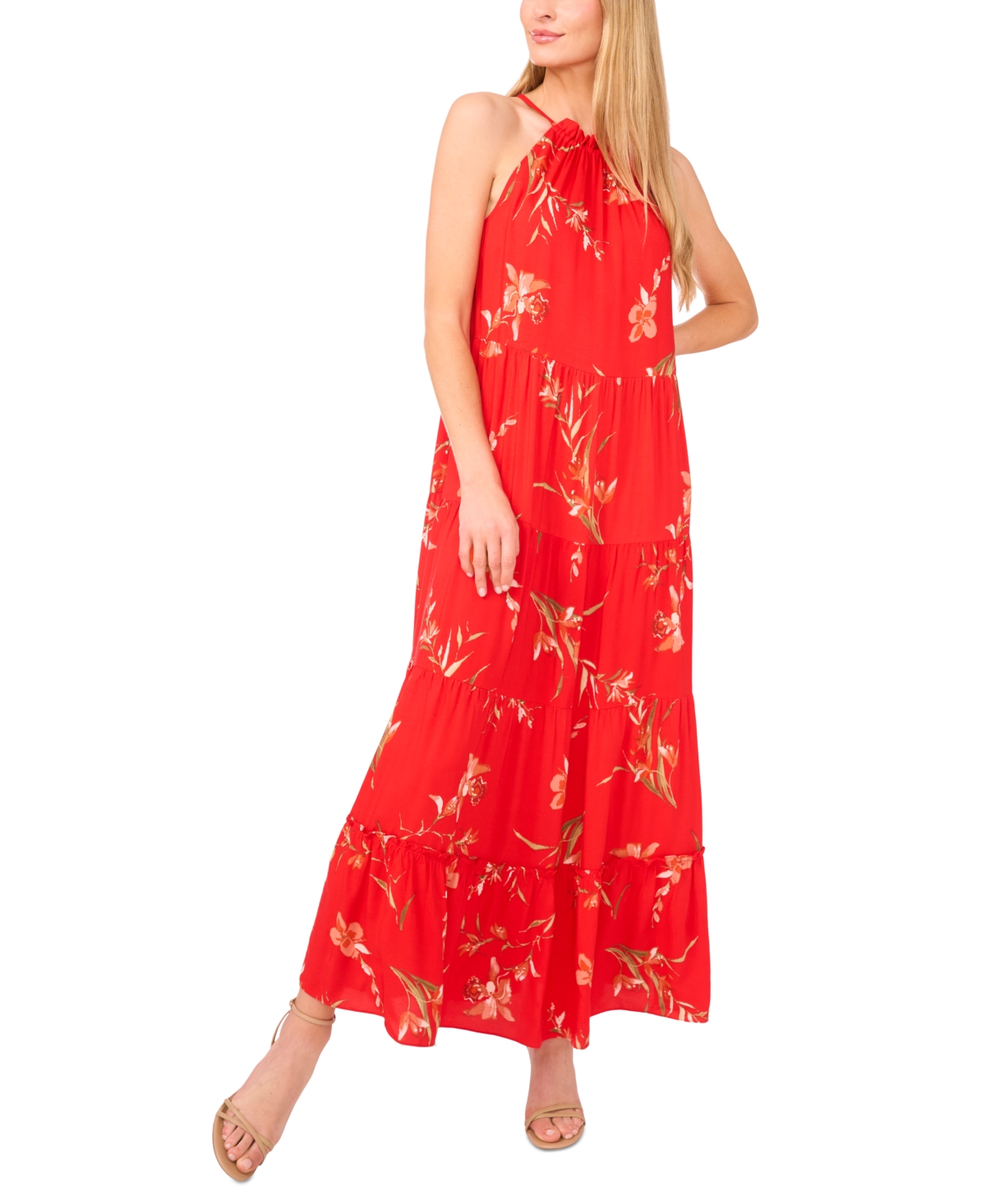Women's Printed Halter-Neck Maxi Dress - Fiery Red