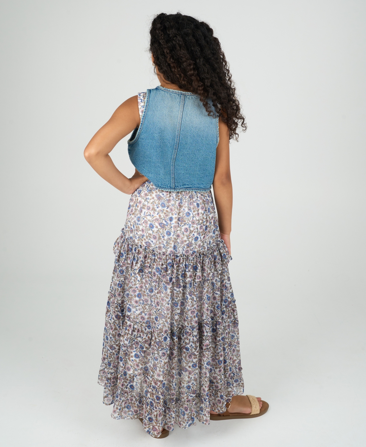 Rare Editions Big Girls 2-piece Floral Maxi With Denim Vest And Dress Set In Blue