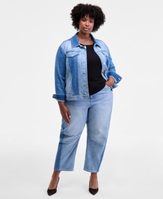 On 34th Trendy Plus Ribbed T Shirt Two Tone Denim Trucker Jacket Two Tone Wide Leg Jeans Macys Exclusive