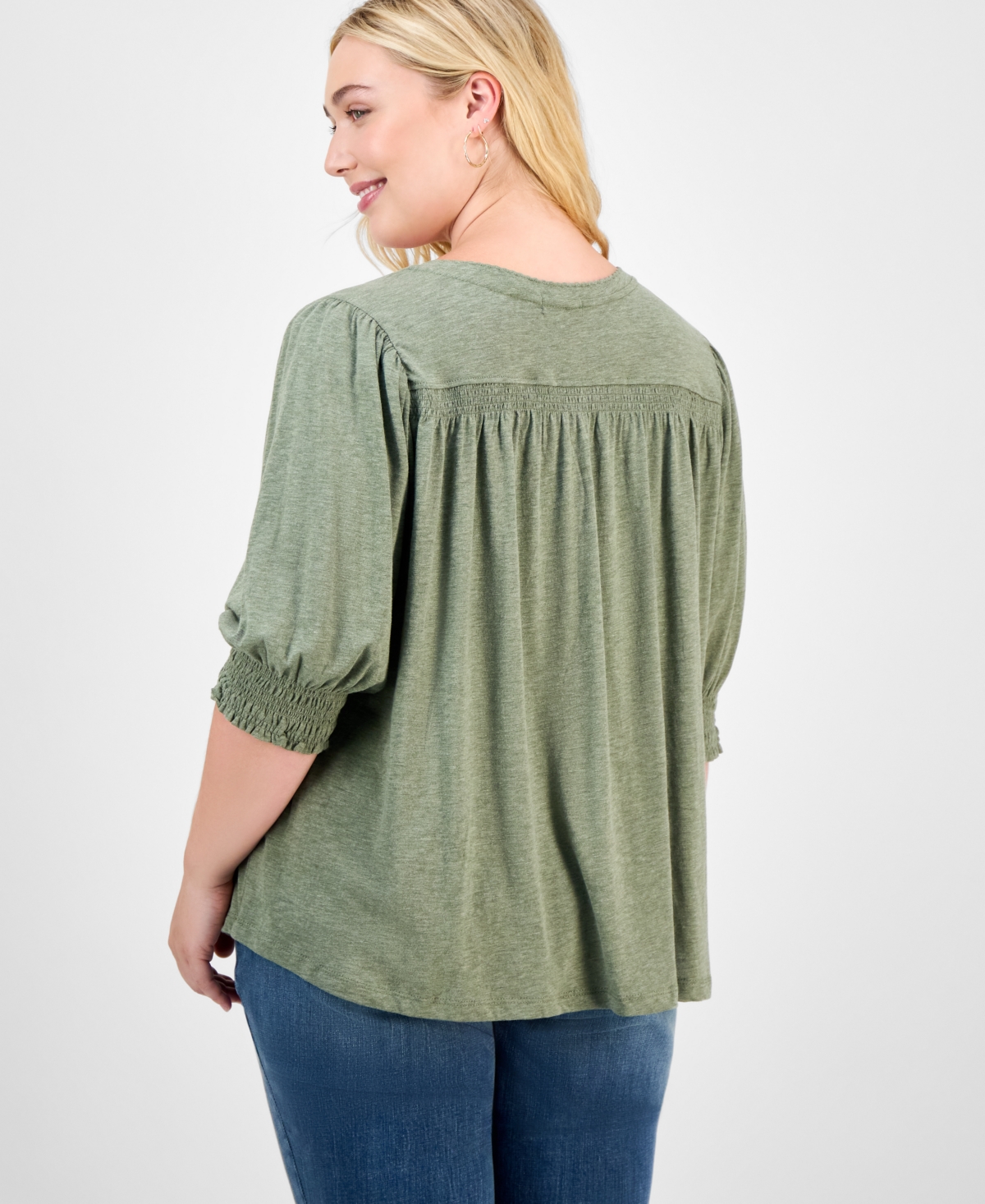 Democracy Trendy Plus Elbow-sleeve Smocked-cuff Blouse