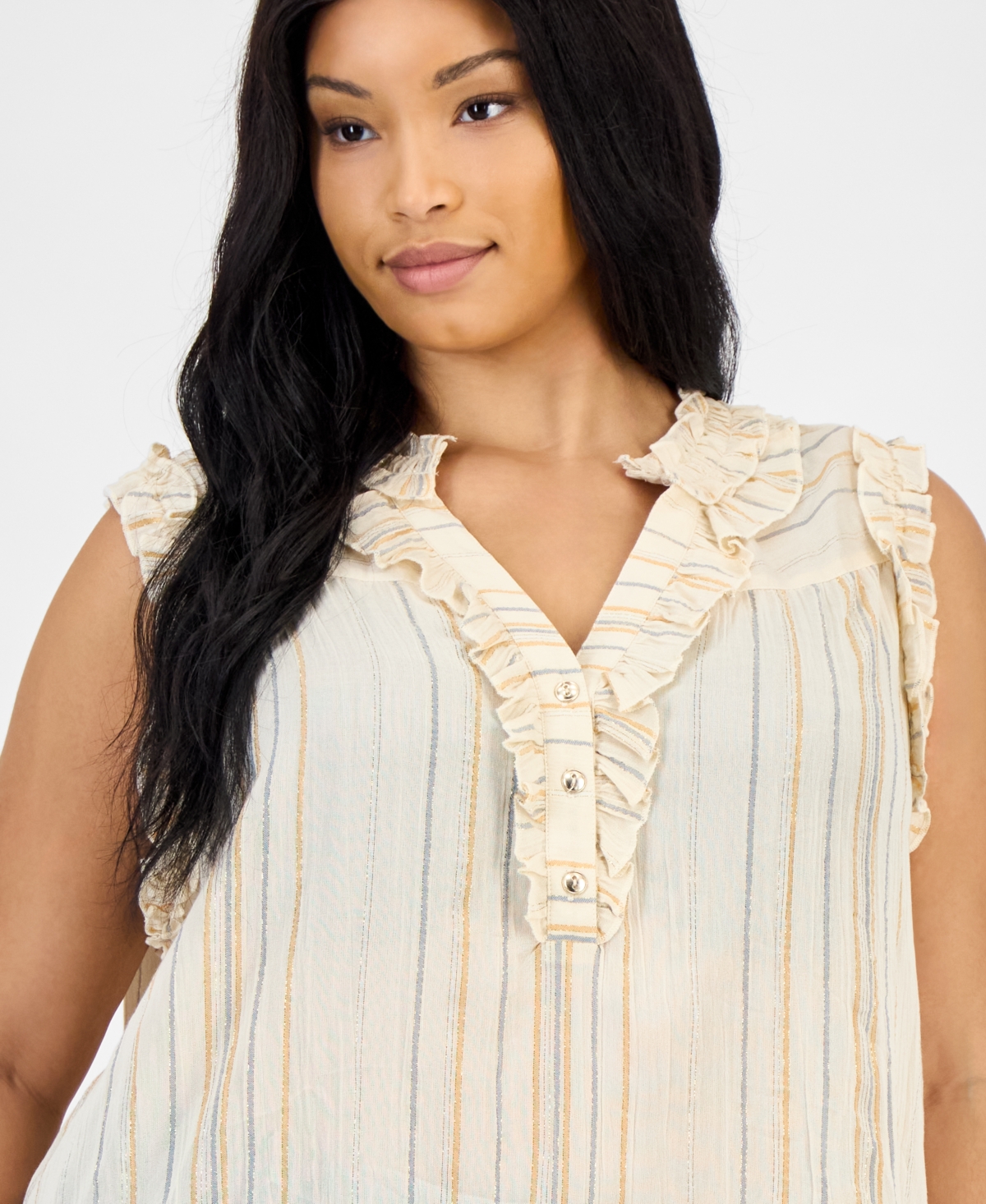 Democracy Trendy Plus Size Ruffled Sleeveless Top In Multi