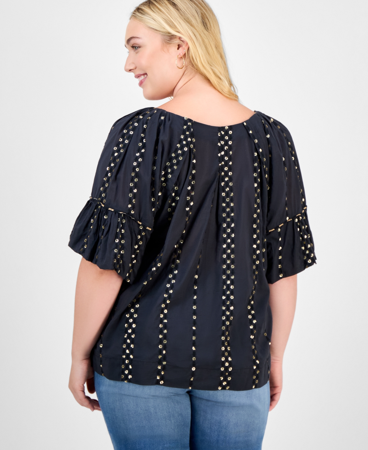 Democracy Trendy Plus Cotton Floral-trim Bubble-sleeve Blouse In Blue