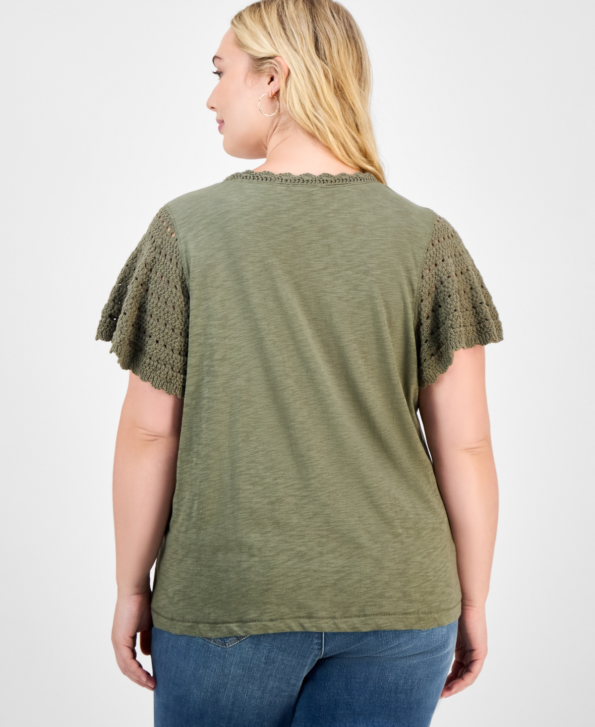 Democracy Trendy Plus Crochet Flutter-sleeve Top In Green
