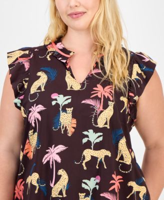 Trendy Plus Printed Split-Neck Flutter-Sleeve Top
