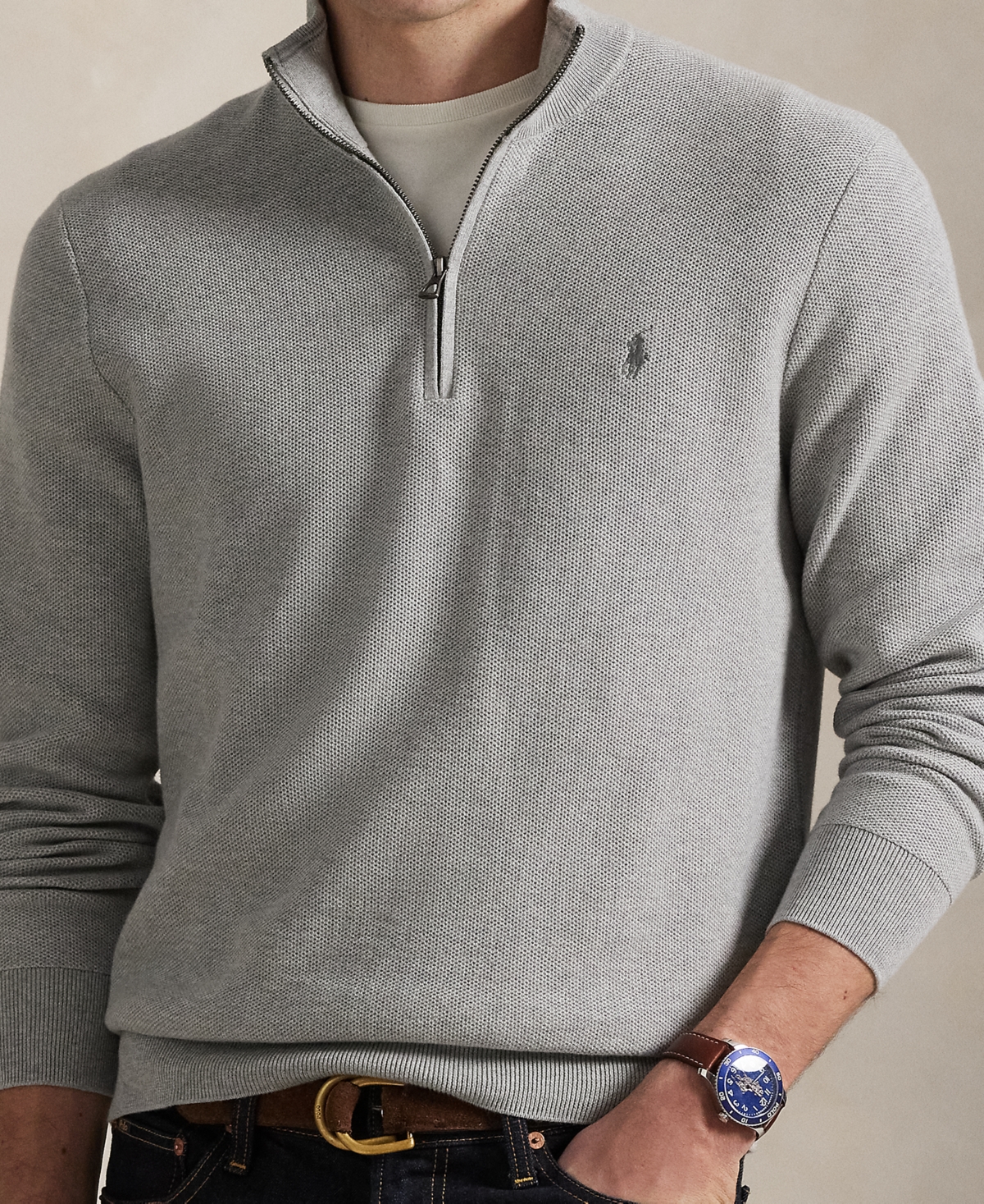 Polo Ralph Lauren Logo-embroidered Honeycomb-knit Cotton Half-zip Sweater In Gray
