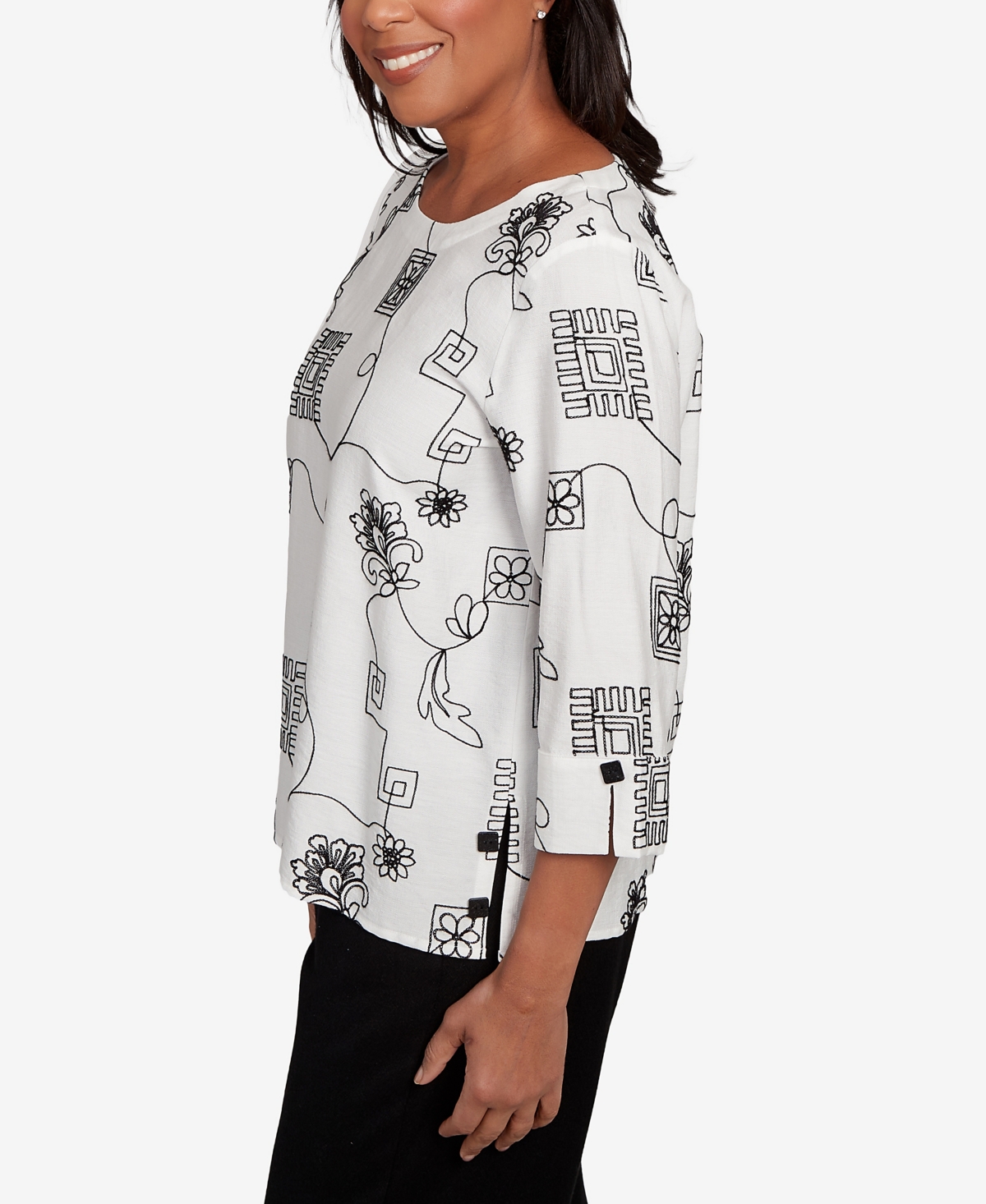 Alfred Dunner Petite Santa Barbara Geometric Floral Soutache Embroidered Top In Multi
