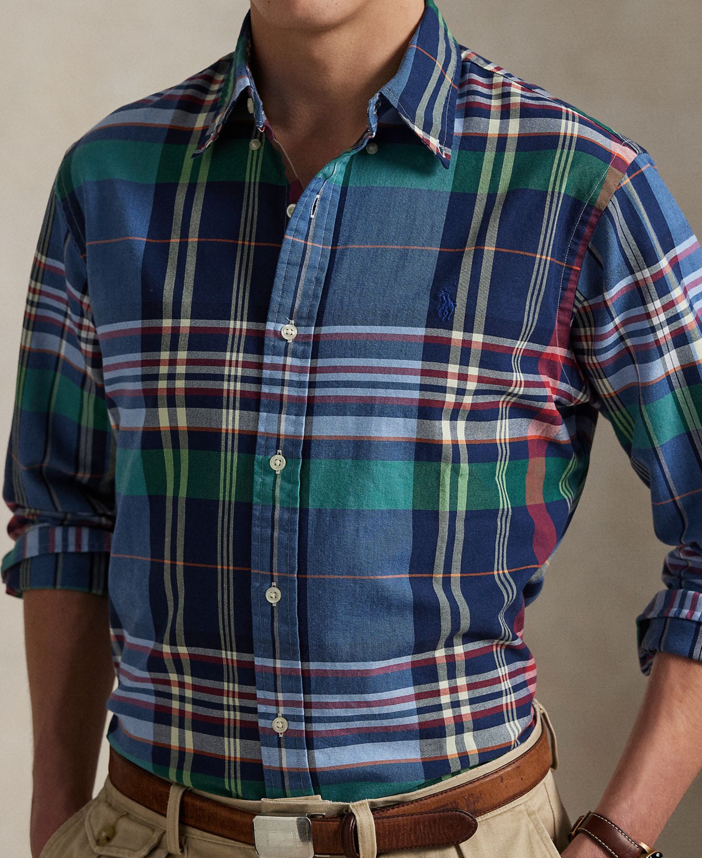 Мужская рубашка Polo Ralph Lauren Classic-Fit Plaid Oxford, цвет: Синий красный разноцветный — фото 3
