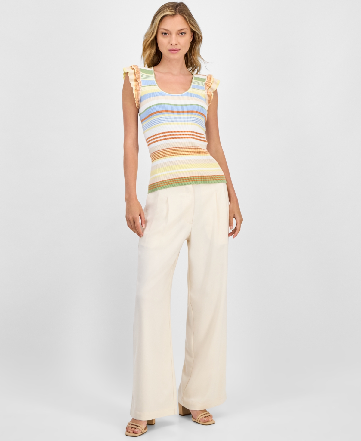 T Tahari Women's Striped Ribbed Flutter-sleeve Scoop-neck Top In Multi