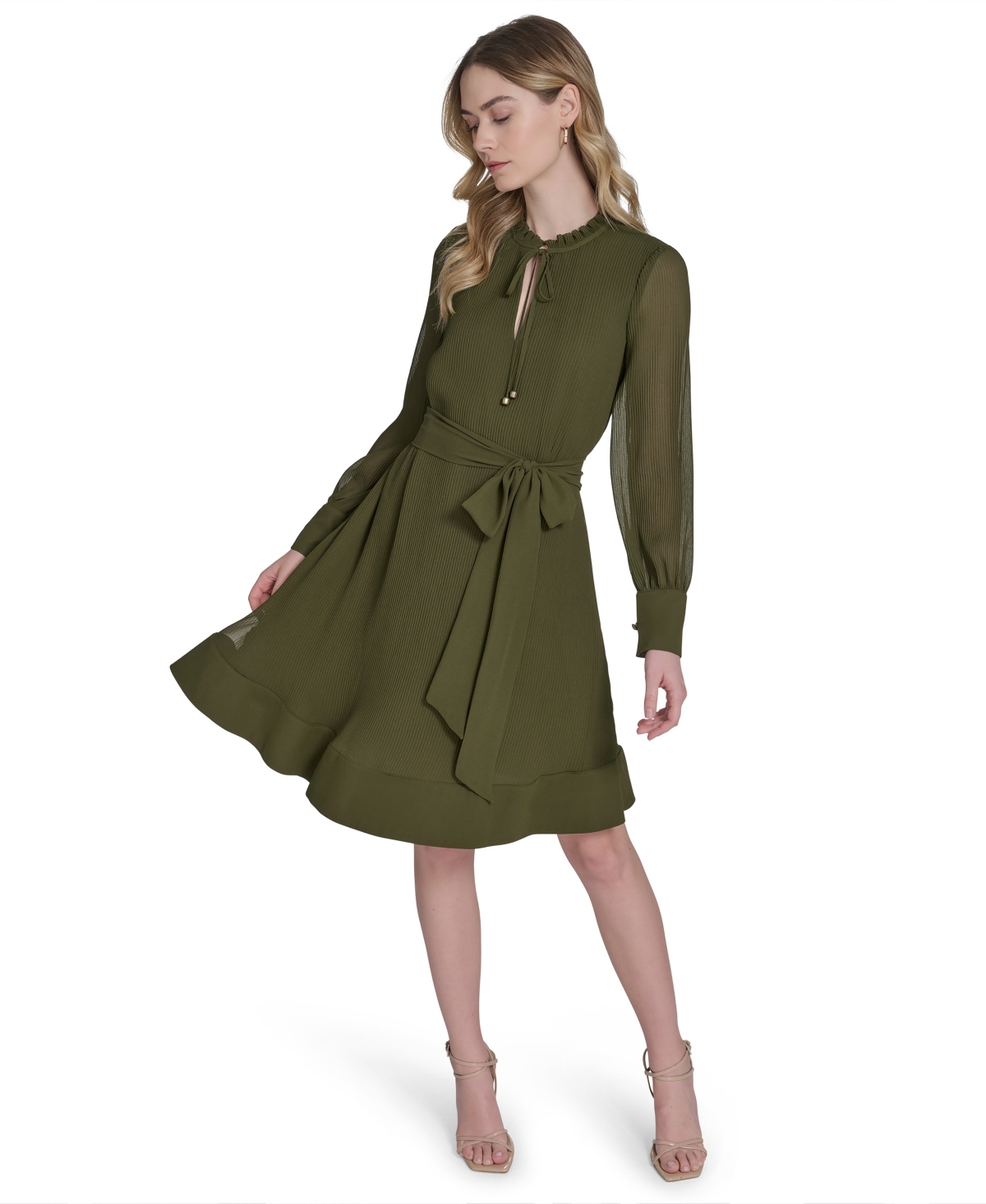 Eliza J Petite Pleated Chiffon V-neck Dress In Green