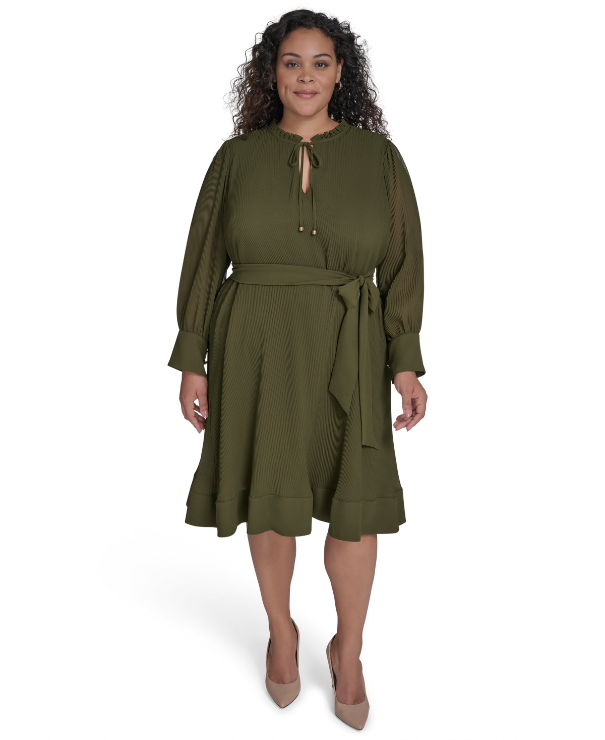 Plus Size Pleated Chiffon Dress - Olive