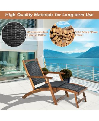 Set of 2 Folding Patio Acacia Wood Deck Chair Rattan Chaise Lounge Chair w/ Footrest