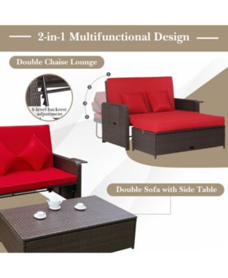 Rattan Loveseat Set Daybed Lounge w/ Storage Ottoman Side Tables Adjust Patio