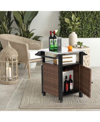 Wicker Bar Cart with Wheels & Stainless Top