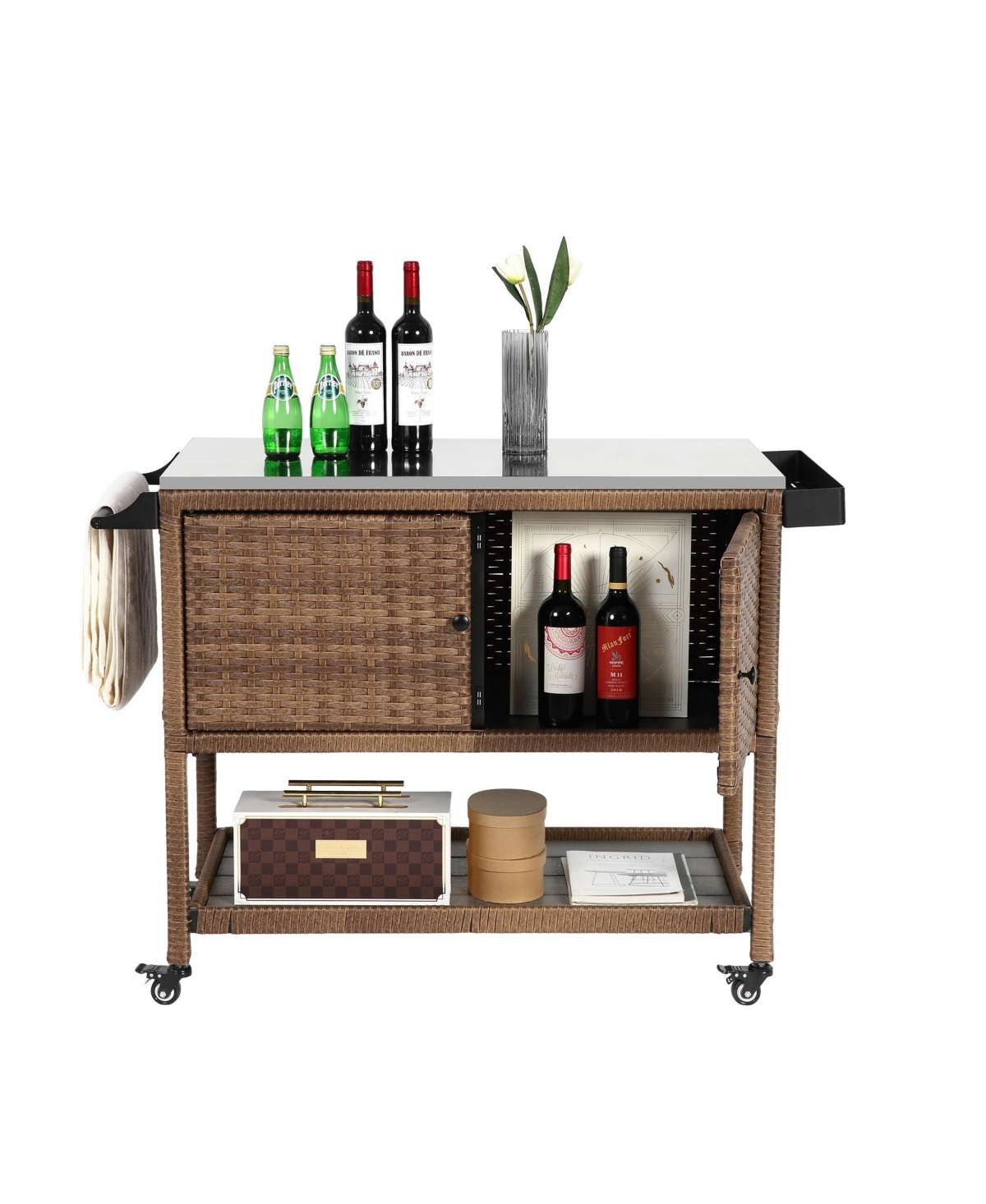 Large Wicker Kitchen Cart with Stainless Top & Wheels - Brown