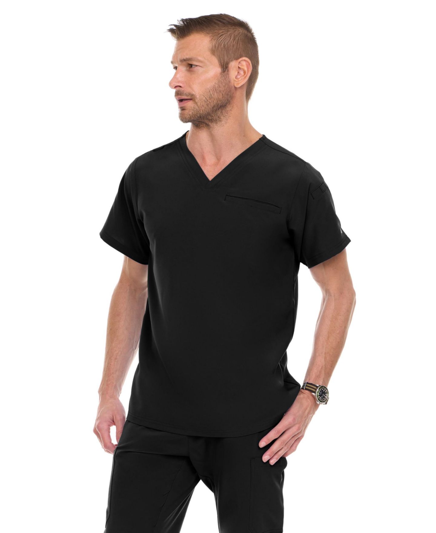 Мужские топы Medichic Men Scrubs Set - Stretch V-Neck Scrub Top with 7-Pocket Pants Workwear Wine Large, цвет: Чёрный — фото 4