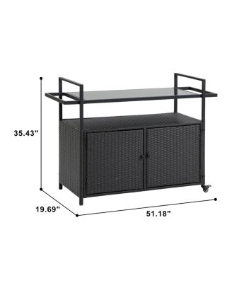 Rattan Bar Cart with Glass Top & Wheels, Black