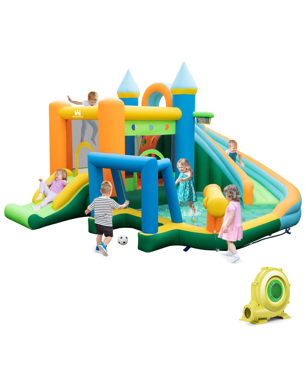 Inflatable Water Slide with Dual Slides and Splash Pool Bounce House with 735W Blower - Multi - Color