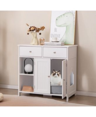 Hidden Cat Washroom Side Cabinet Wooden Pet House with 2 Drawers