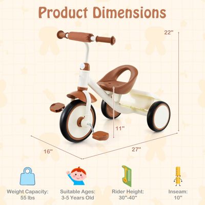 Toddler Tricycle Kids Trike with Adjustable Seat and Basket Aged 3-5 Years Old