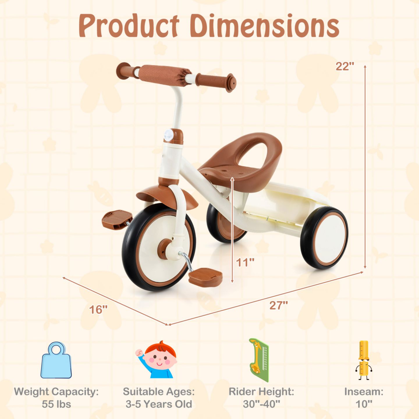 Детская игрушка Slickblue Toddler Tricycle with Adjustable Seat and Storage Basket, Ages 3-5, цвет: Бежевый — фото 4