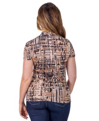 Petite Brown Print Short Sleeve V-Neck Wrap Top