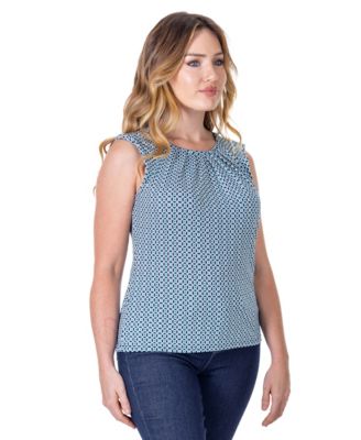 Petite Blue Print Pleated Crew Neck Back Closure Sleeveless Top