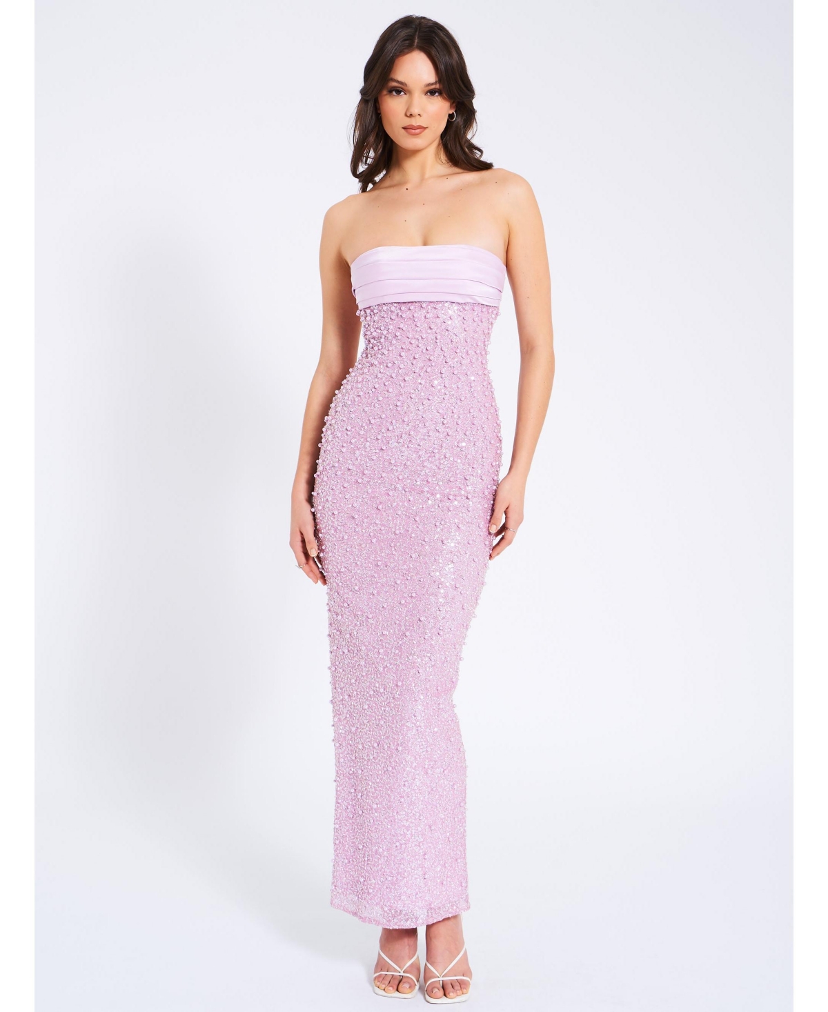 Women's Lainey Purple Satin Sequin Pearls Beaded Maxi Dress - Purple